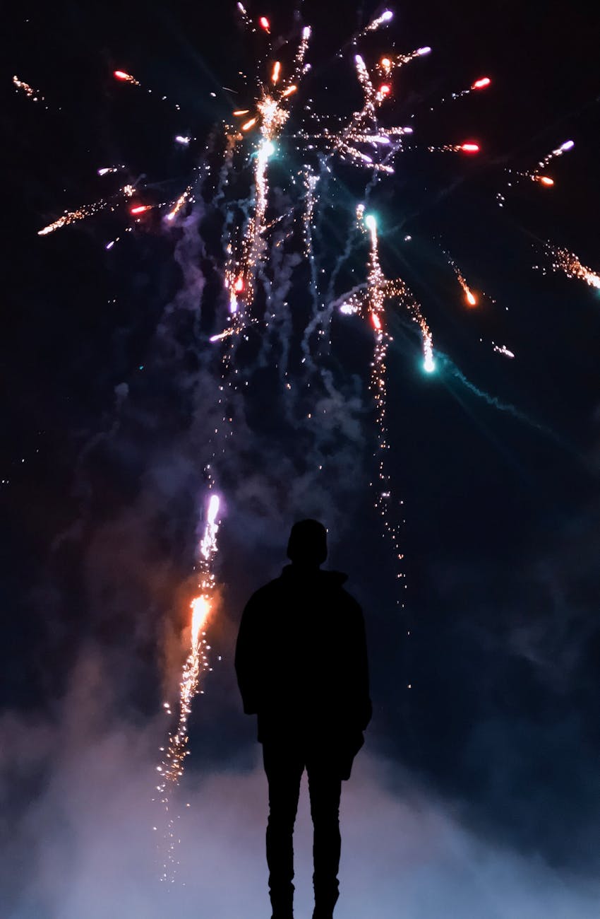 silhouette of person in front of fireworks